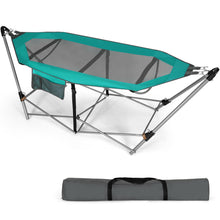 Load image into Gallery viewer, Gymax Folding Hammock Indoor &amp; Outdoor Hammock with Side Pocket &amp; Iron Stand
