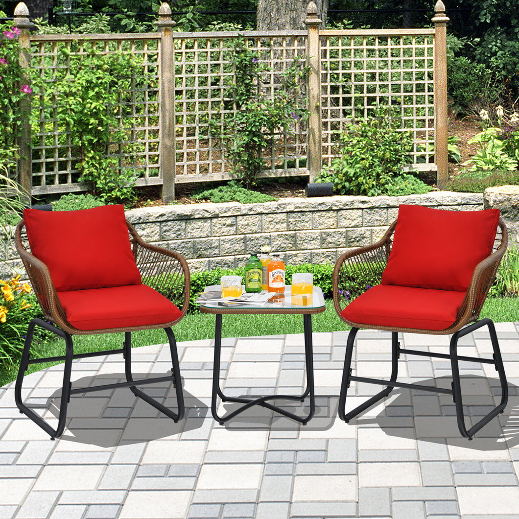 Gymax 3PCS Outdoor Bistro Set Patio Conversation Furniture Set w/ Red Cushions