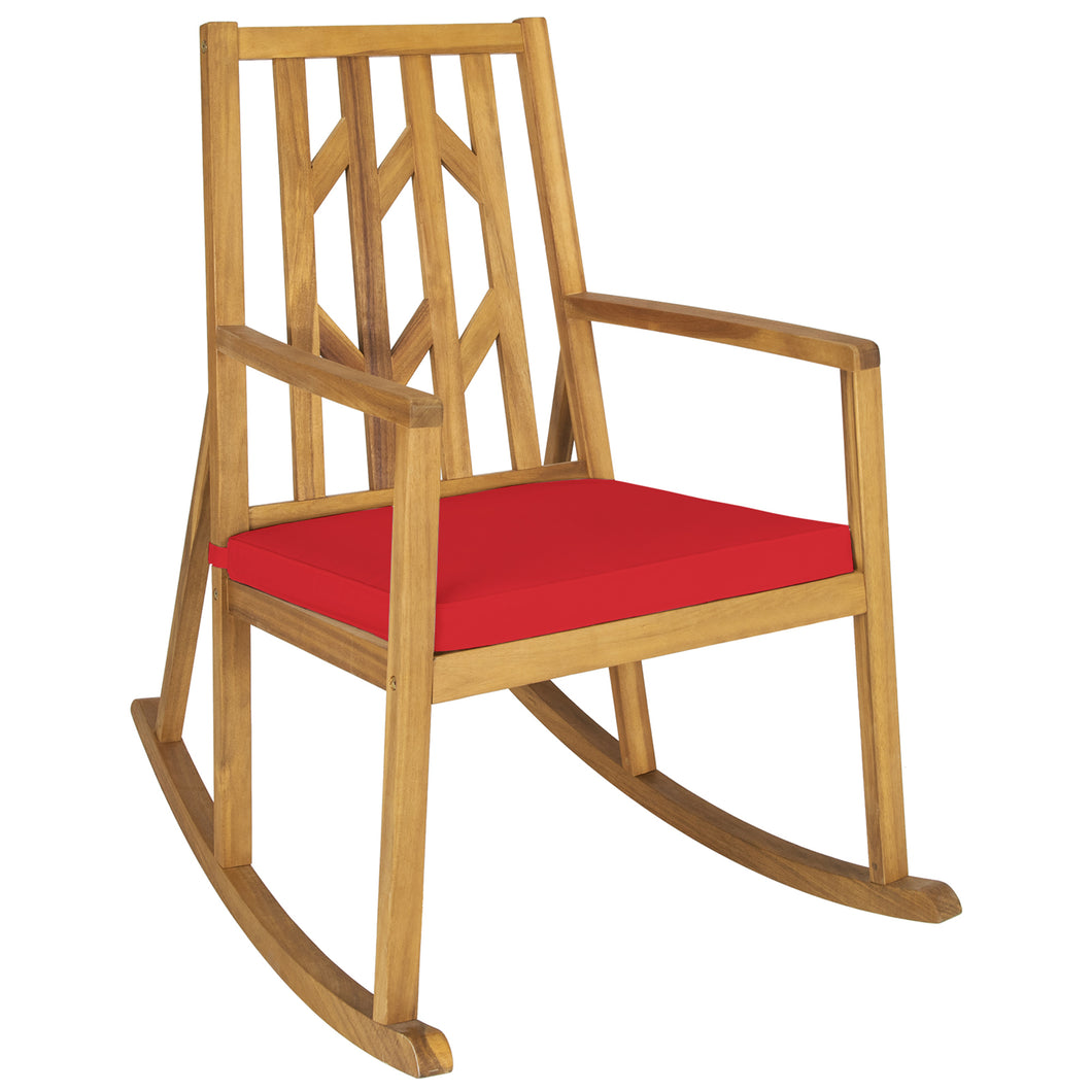 Gymax Outdoor Acacia Wood Rocking Chair Wooden Patio Rocker w/ Red Cushion