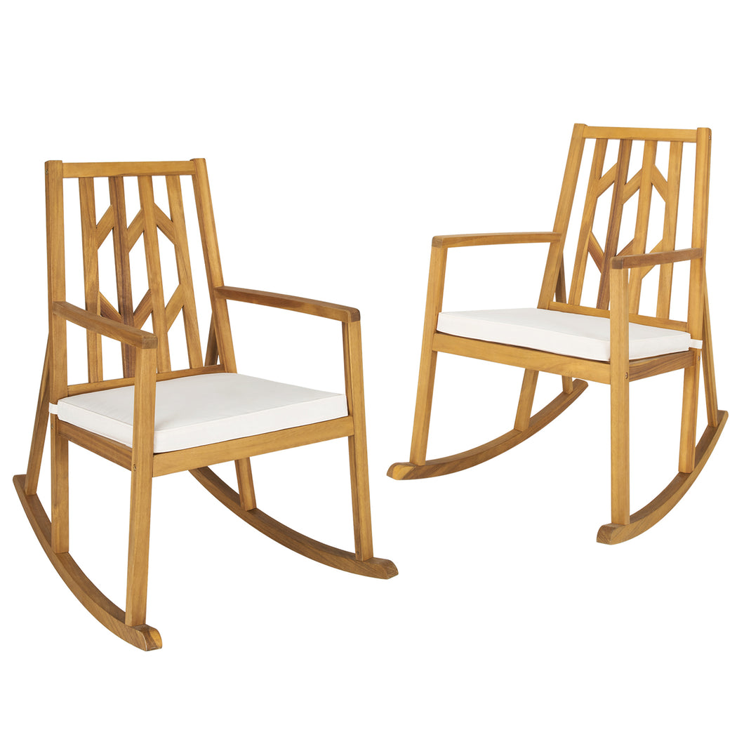 Gymax Set of 2 Outdoor Acacia Wood Rocking Chair Wooden Patio Rocker w/ Beige Cushion