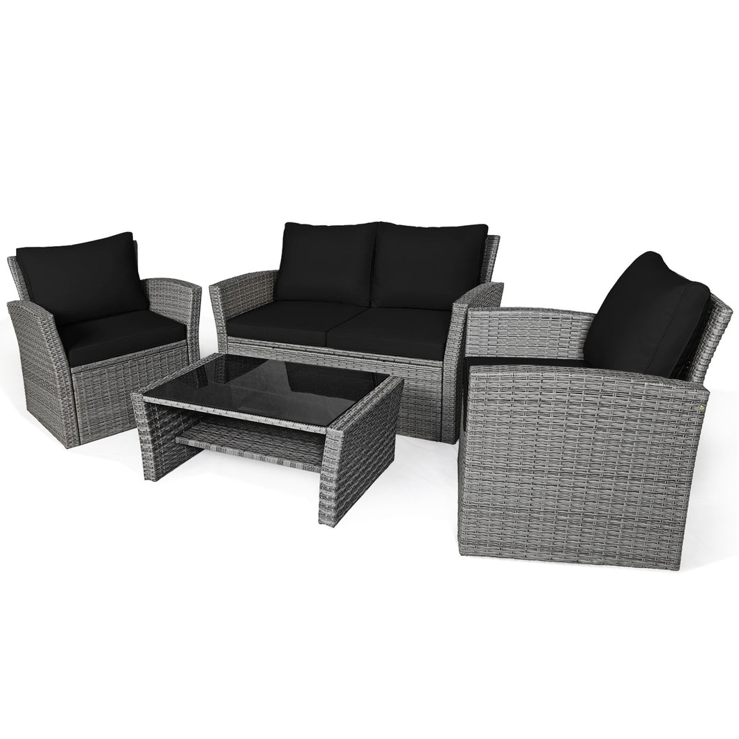 Gymax 4PCS Patio Rattan Conversation Set Outdoor Furniture Set w/ Black Cushions