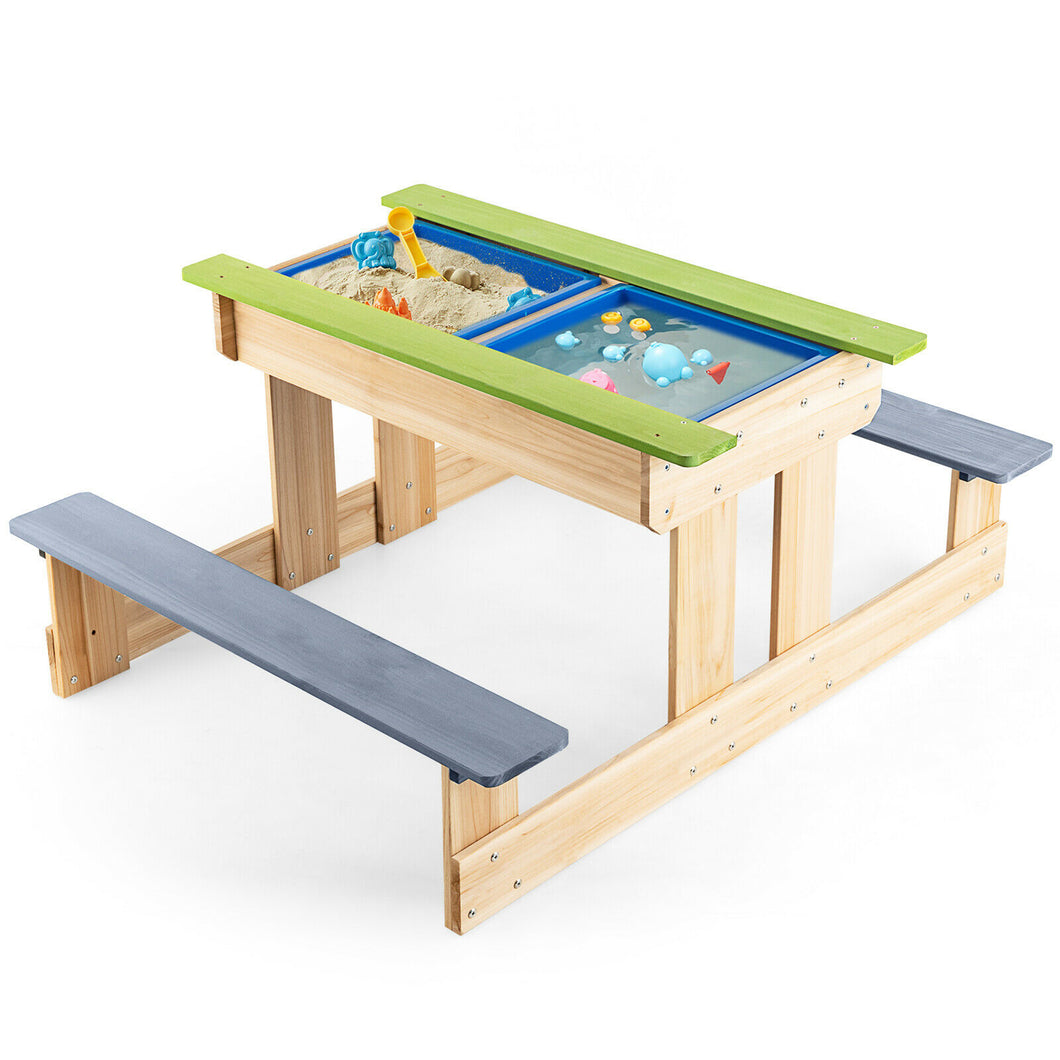 Gymax 3-in-1 Kids Picnic Table Outdoor Wooden Water Sand Table w/ Play Boxes