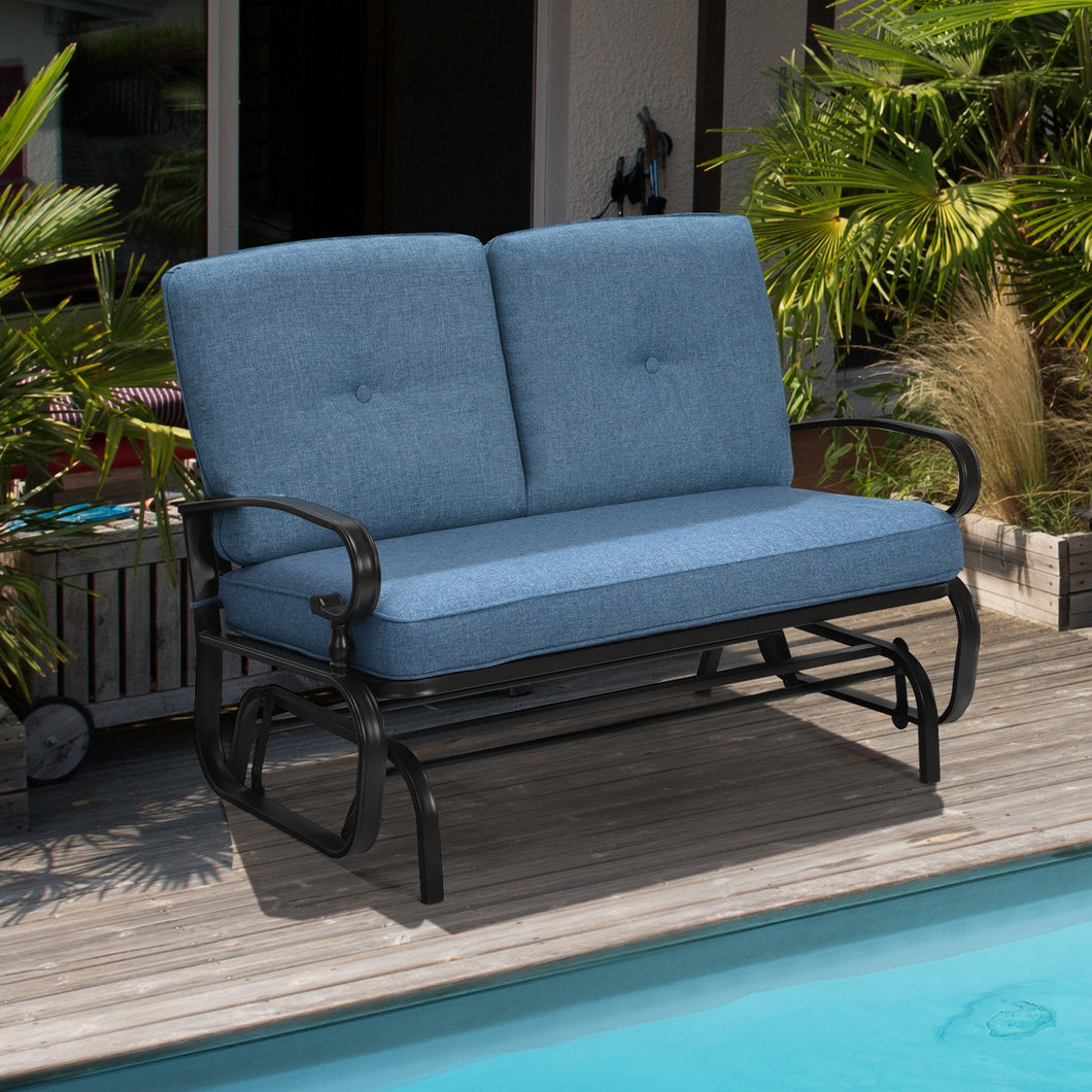 Gymax Patio Swing Glider Chair Rocking Loveseat Bench for 2 Persons w/ Blue Cushions