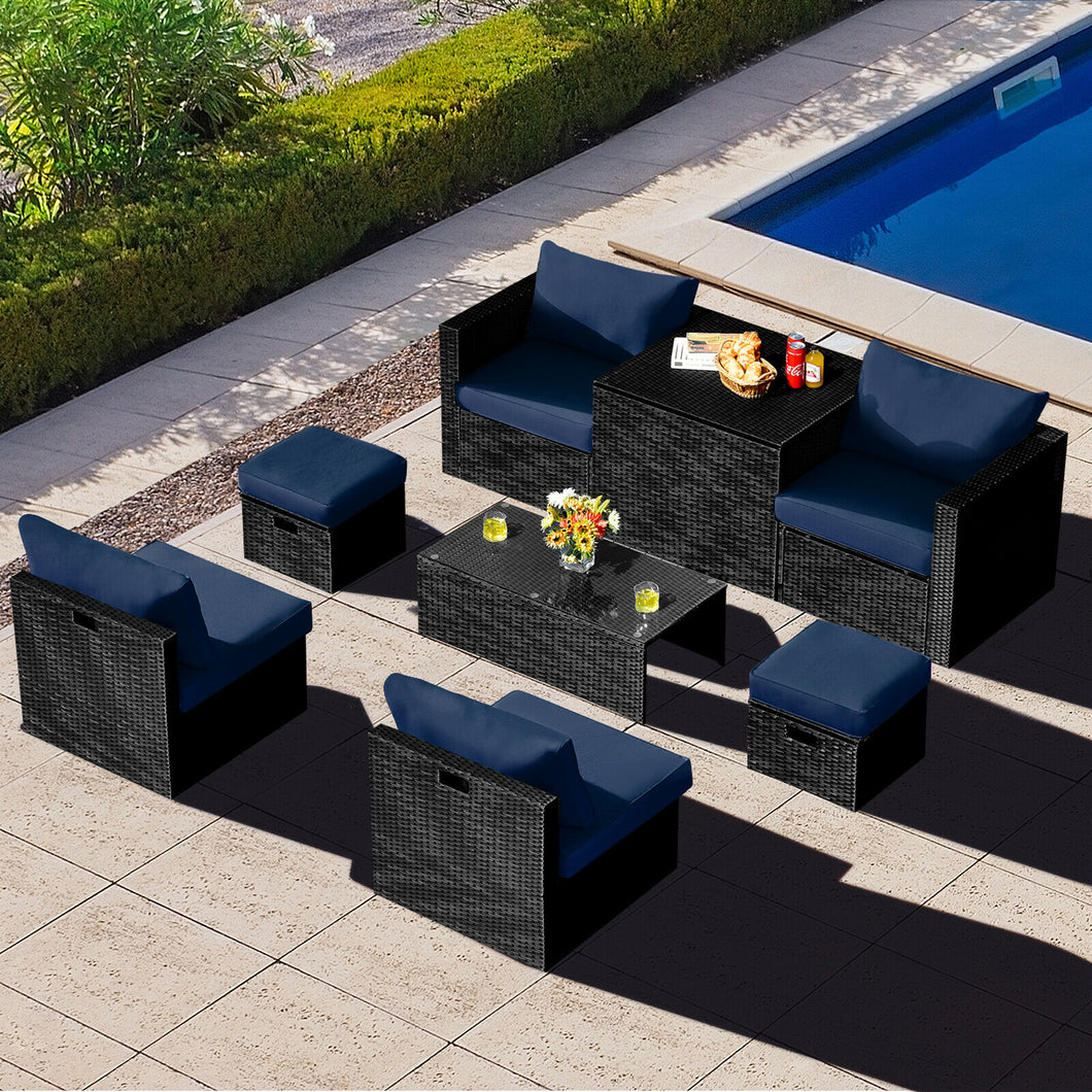 Gymax 8PCS Rattan Patio Sectional Furniture Set w/ Waterproof Cover & Navy Cushions