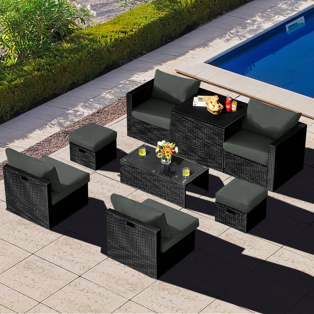 Gymax 8PCS Rattan Patio Sectional Furniture Set w/ Waterproof Cover & Grey Cushions