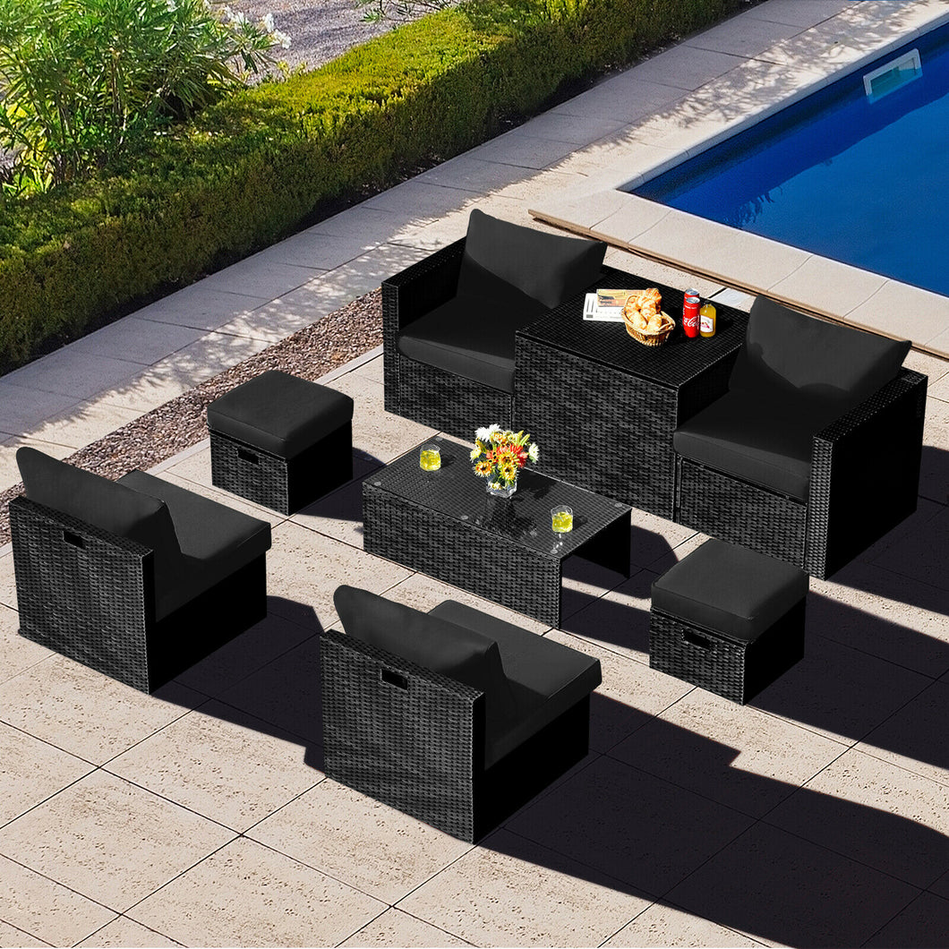 Gymax 8PCS Rattan Patio Sectional Furniture Set w/ Waterproof Cover & Black Cushions