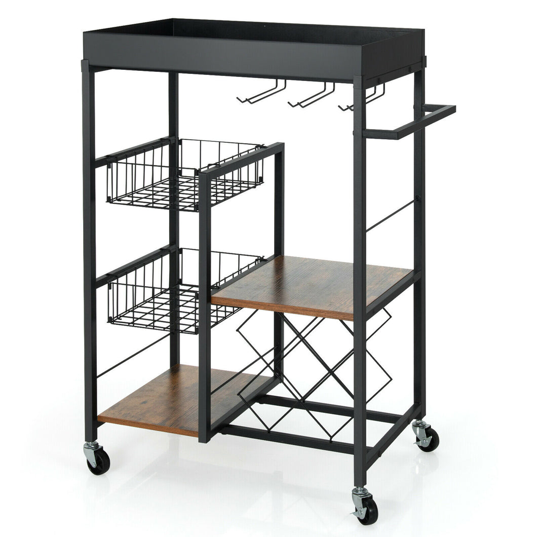 Gymax 4-Tier Kitchen Bar Cart Rolling Serving Trolley Wine Rack Removable Tray Basket