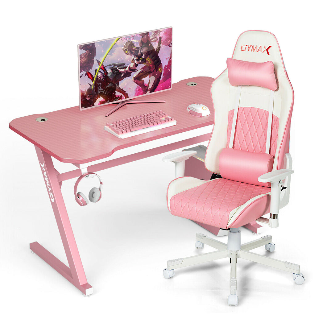 Gymax Gaming Desk & Chair Set 47'' Z-Frame Table Adjustable High-Back Chair Pink