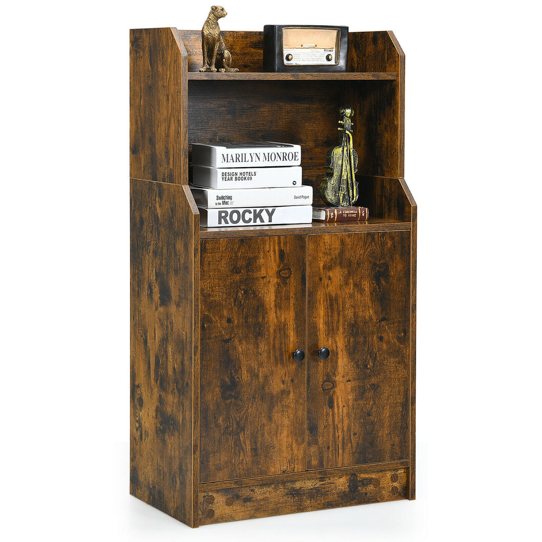 Gymax Storage Cabinet Bookcase w/2 Doors and Open Shelves Display Shelf Rustic Brown
