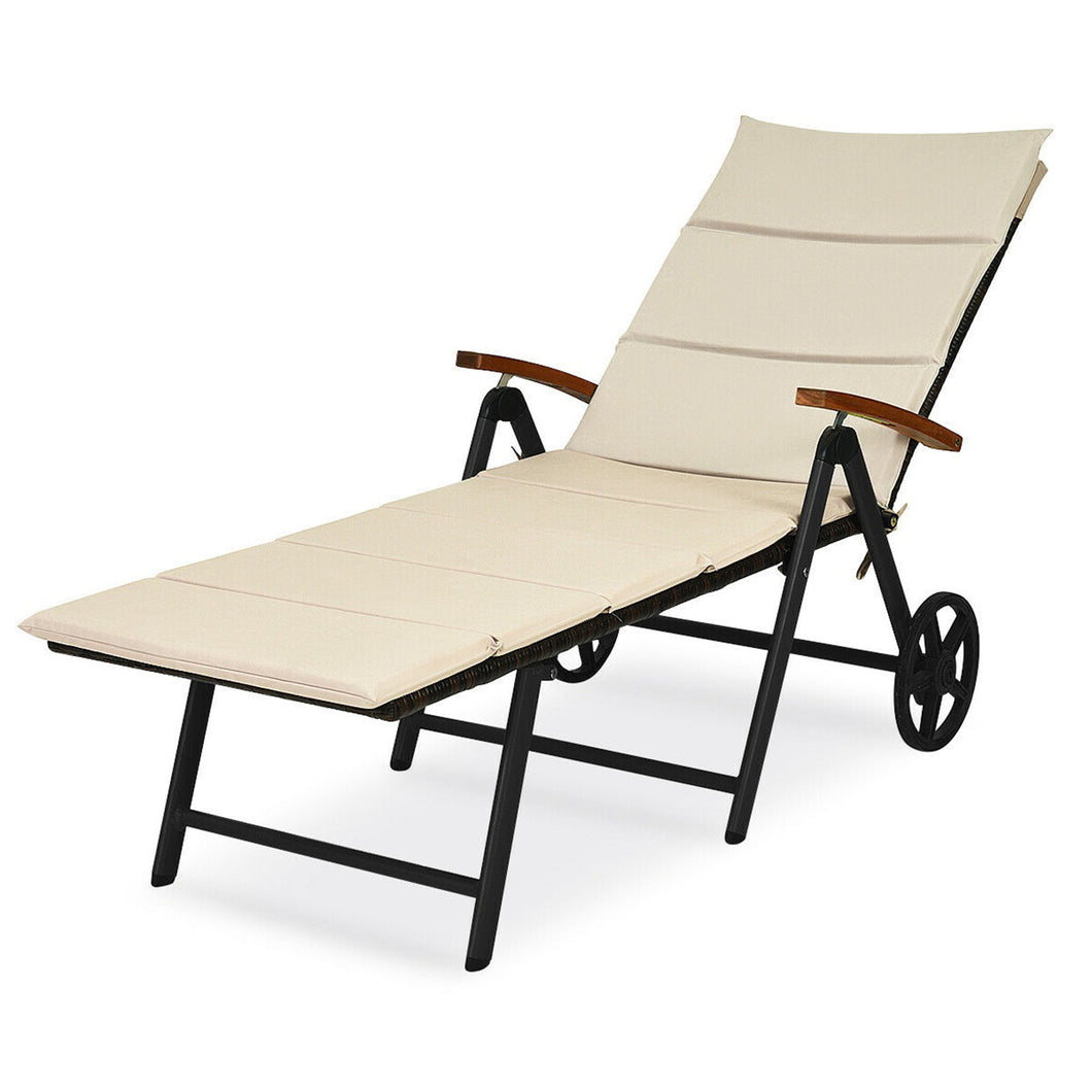 Gymax Folding Patio Rattan Lounge Chair Chaise Aluminum W/ Cushion & Wheel