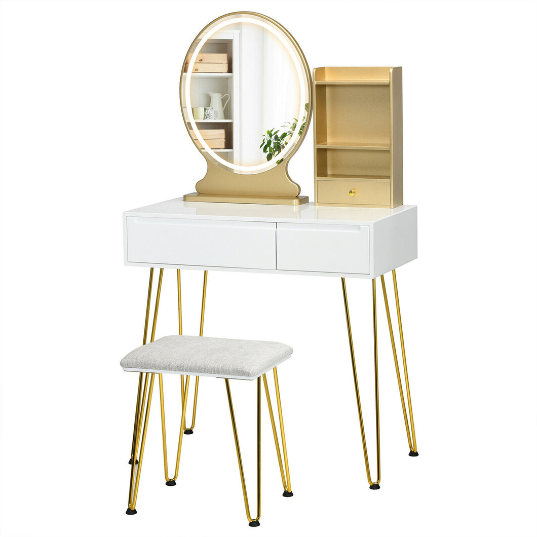 Gymax Vanity Table Set Lighted Mirror Storage Drawer Shelf Cushion Stool