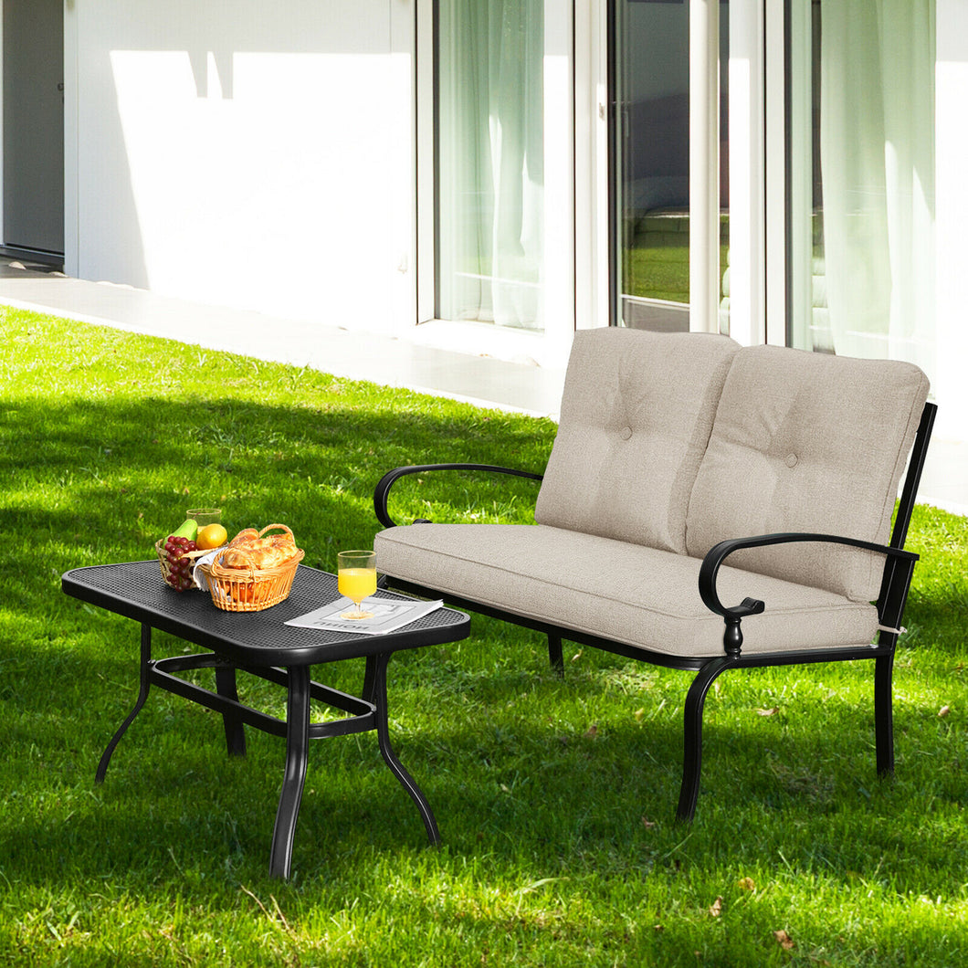 Gymax 2PCS Patio Loveseat & Table Set Conversation Sofa Set w/ Beige Cushions