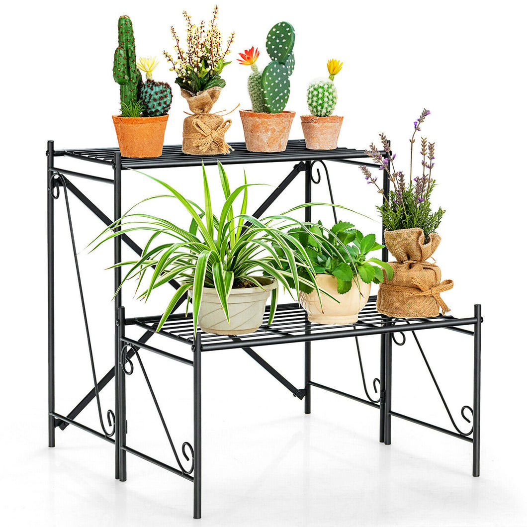 Gymax 2-Tier Stair Style Metal Plant Stand Flower Pot Display Holder Indoor & Outdoor