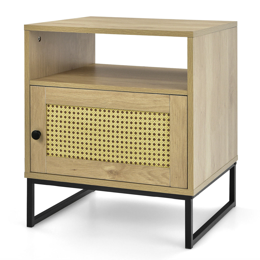 Gymax Nightstand with Cabinet Wooden Side End Table R attan Decorated Door Natural Oak