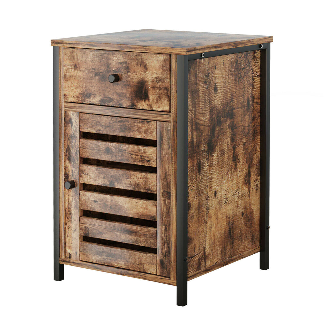 Gymax Nightstand with Drawer Cabinet Adjustable Shelf Industrial Side Table Rustic