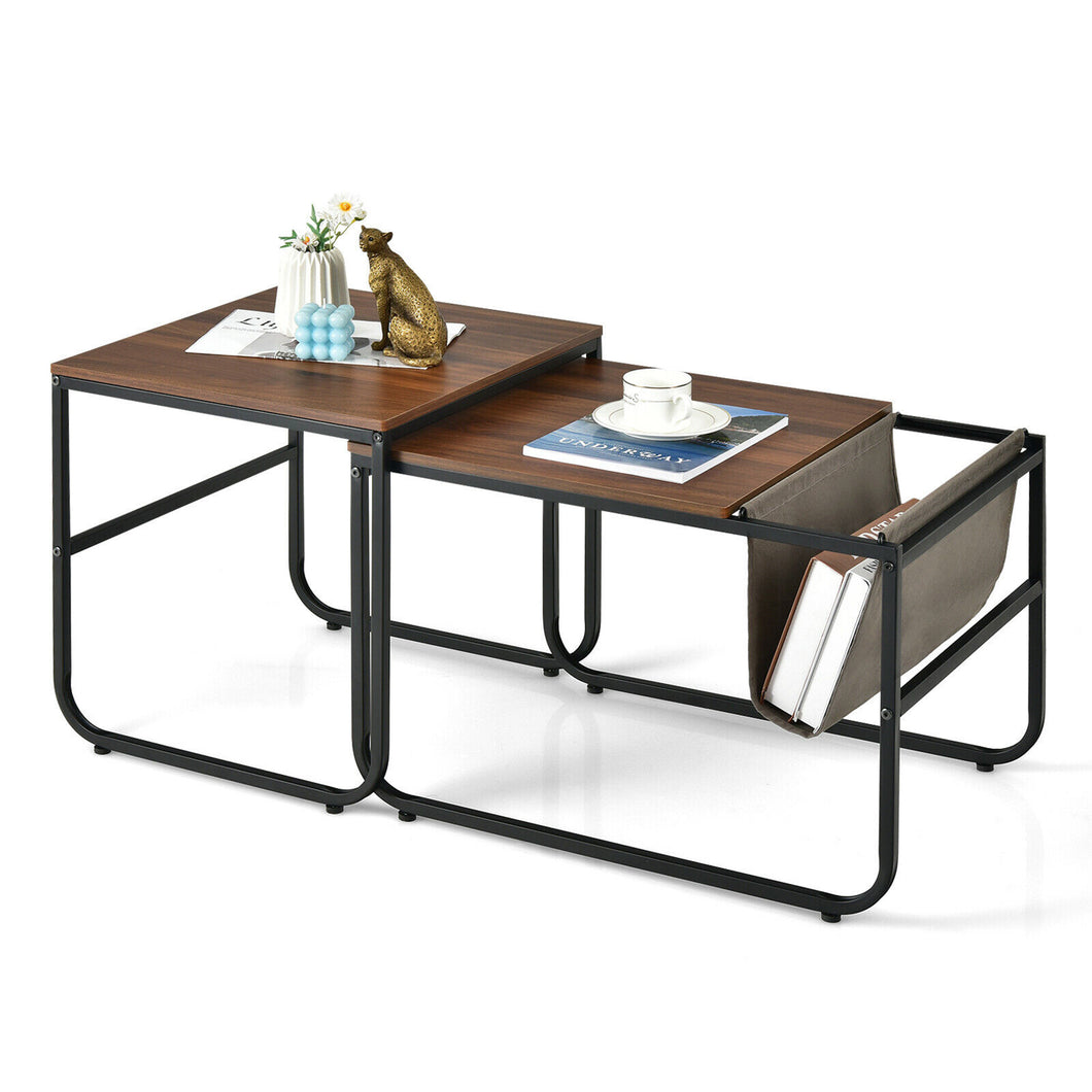 Gymax Nesting Coffee Table Set of 2 Industrial Stackable Side Table w/ Magazine Holder