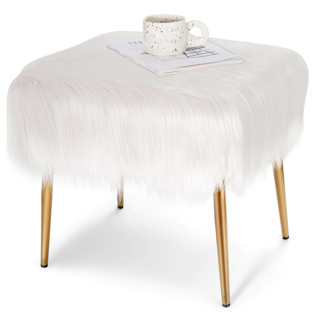 Gymax Faux Fur Vanity Stool Square Furry Ottoman w/ Golden Metal Legs