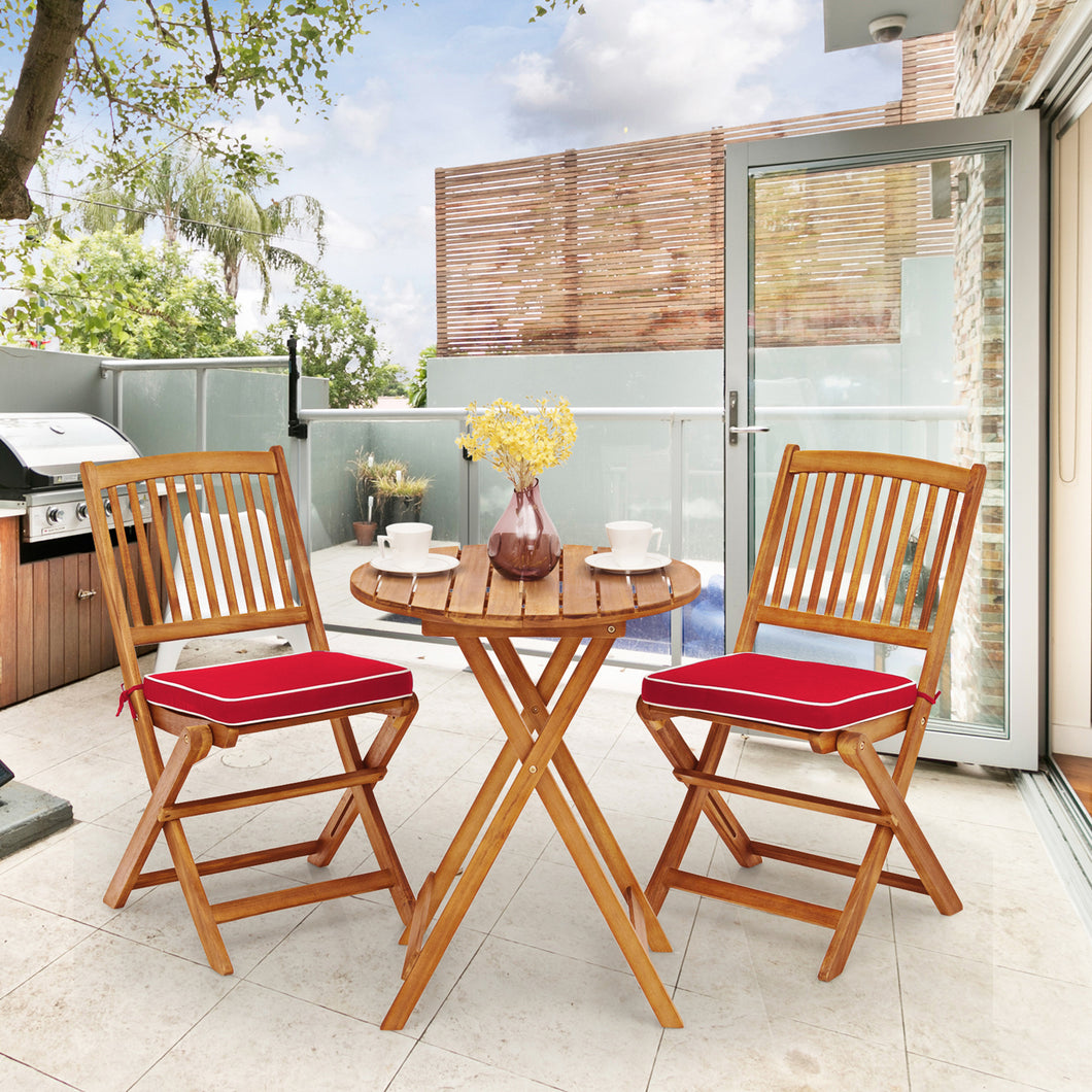 Gymax 3PCS Folding Acacia Wood Bistro Set Patio Conversation Set w/ Red Cushions