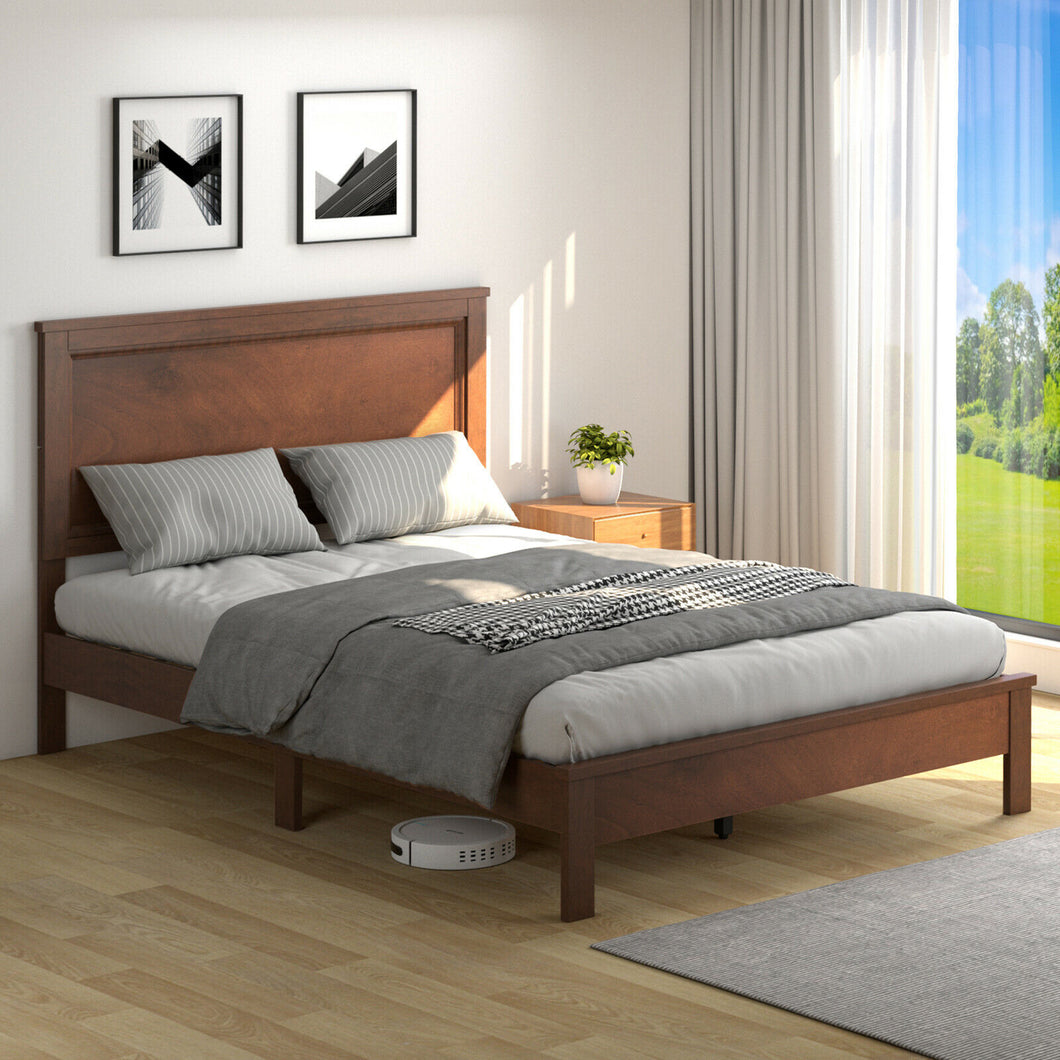 Gymax Full Size Bed Frame Platform Slat High Headboard Bedroom Rubber Wood Leg Walnut