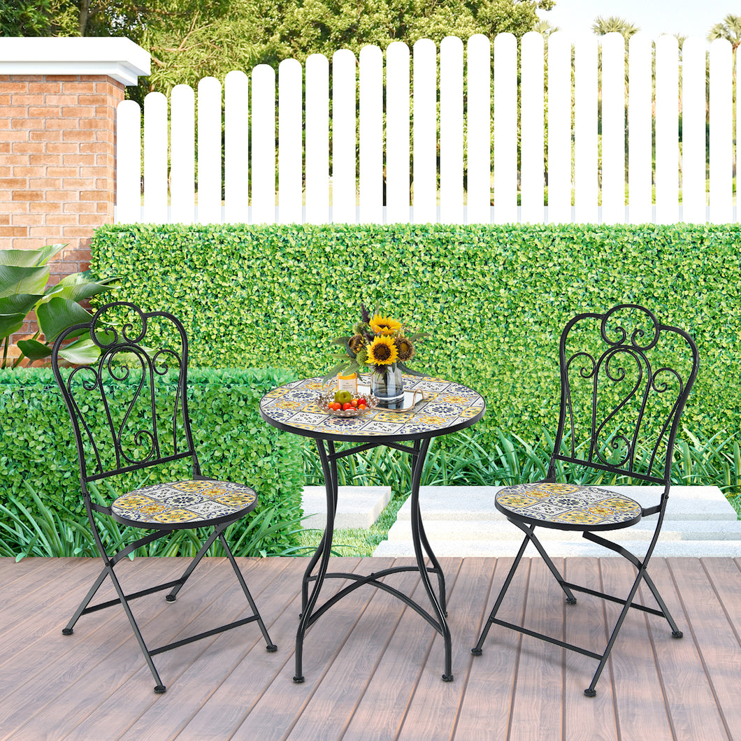 Gymax 3PCS Mosaic Patio Bistro Set Conversation Set w/ Round Table & Folding Chairs