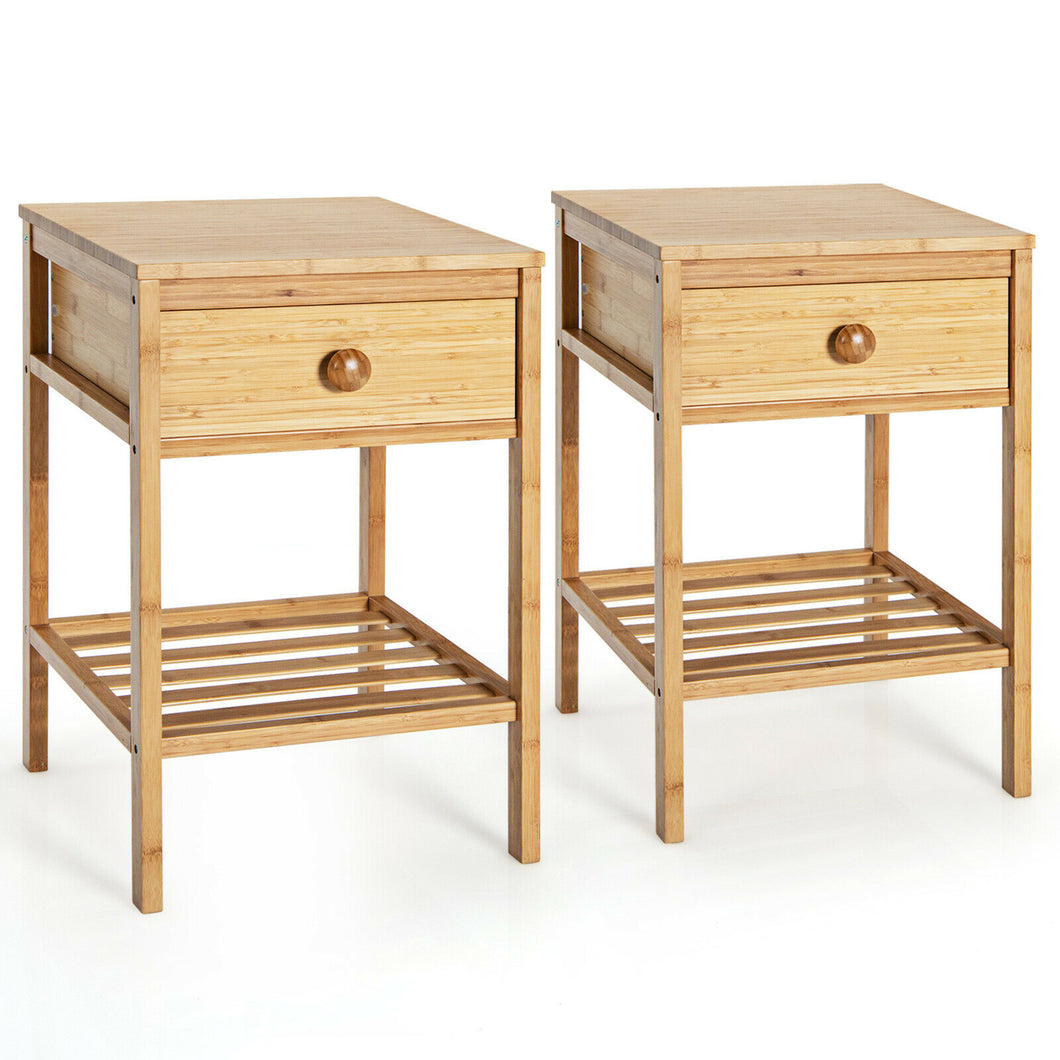 Gymax 2PCS Bamboo Nightstand Natural Side End Table w/Drawer for Living Room Bedroom
