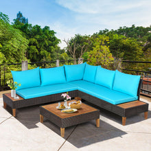 Load image into Gallery viewer, Gymax 4PCS Acacia Wood Patio Furniture Set Rattan Conversation Set w/ Turquoise Cushions
