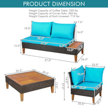 Load image into Gallery viewer, Gymax 4PCS Acacia Wood Patio Furniture Set Rattan Conversation Set w/ Turquoise Cushions
