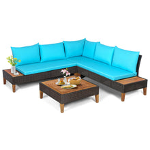 Load image into Gallery viewer, Gymax 4PCS Acacia Wood Patio Furniture Set Rattan Conversation Set w/ Turquoise Cushions
