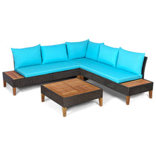 Load image into Gallery viewer, Gymax 4PCS Acacia Wood Patio Furniture Set Rattan Conversation Set w/ Turquoise Cushions
