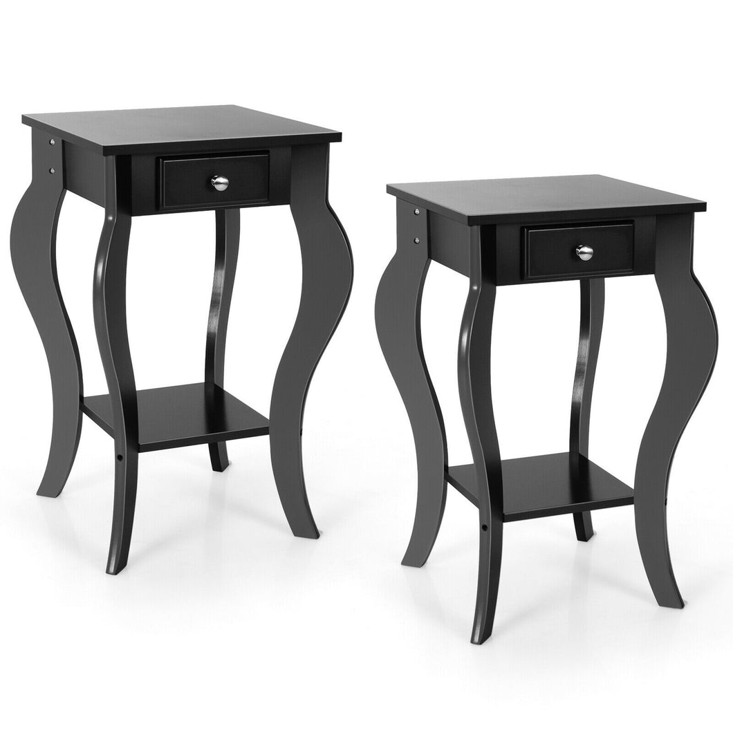 Gymax 2PCS End Table Accent Side Table Nightstand w/ Drawer & Bottom Shelf
