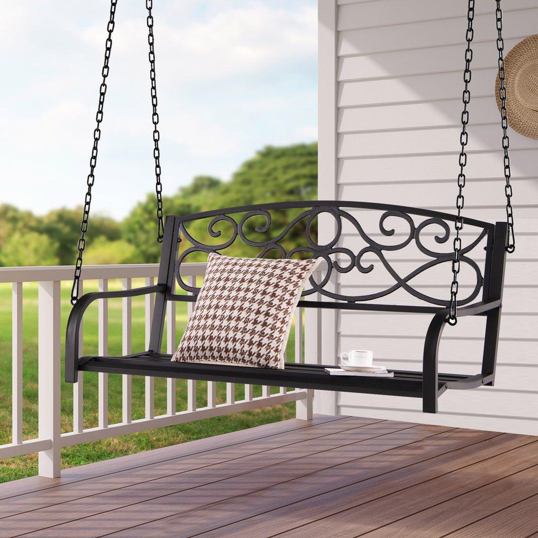 Gymax Patio Hanging Porch Swing Outdoor 2-Person Metal Swing Bench Chair w/ Chains Brown