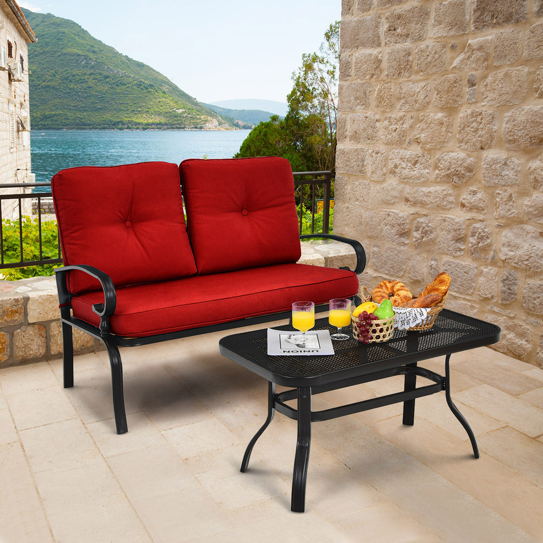 Gymax 2PCS Patio Loveseat & Table Set Conversation Sofa Set w/ Red Cushions