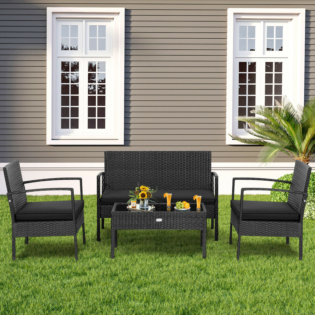 Gymax 4PCS Rattan Patio Conversation Set Outdoor Wicker Furniture Set w/ Cushions