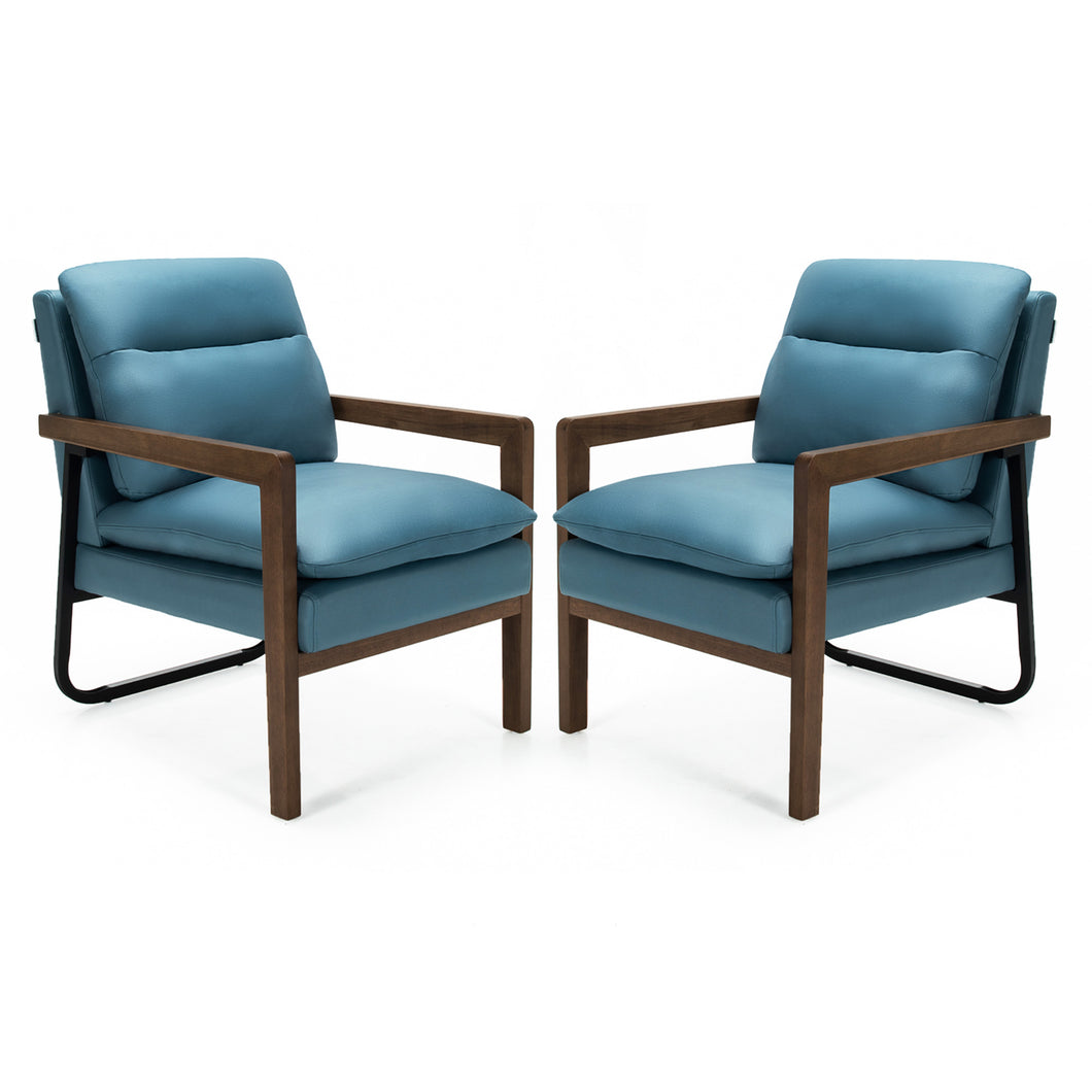 Gymax Set of 2 Single Sofa Chair Leisure Accent Chair w/ Wooden Armrests & Legs Blue