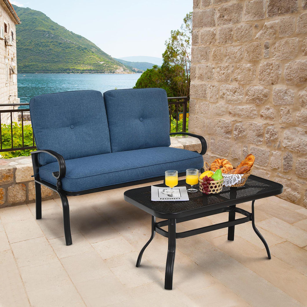 Gymax 2PCS Patio Loveseat & Table Set Conversation Sofa Set w/ Blue Cushions