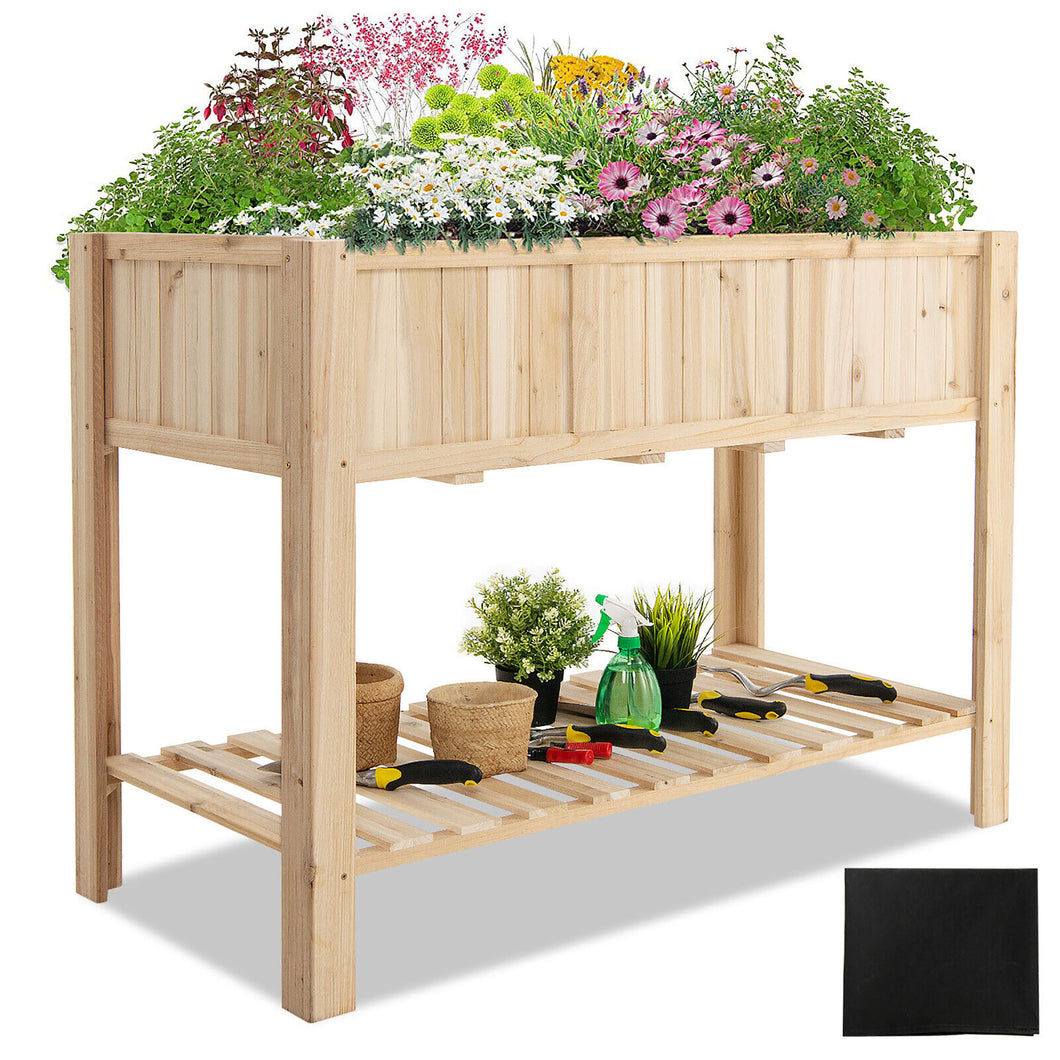 Gymax 47'' Wooden Raised Garden Bed w/Bottom Shelf & Bed Liner Outdoor Elevated Planter Box