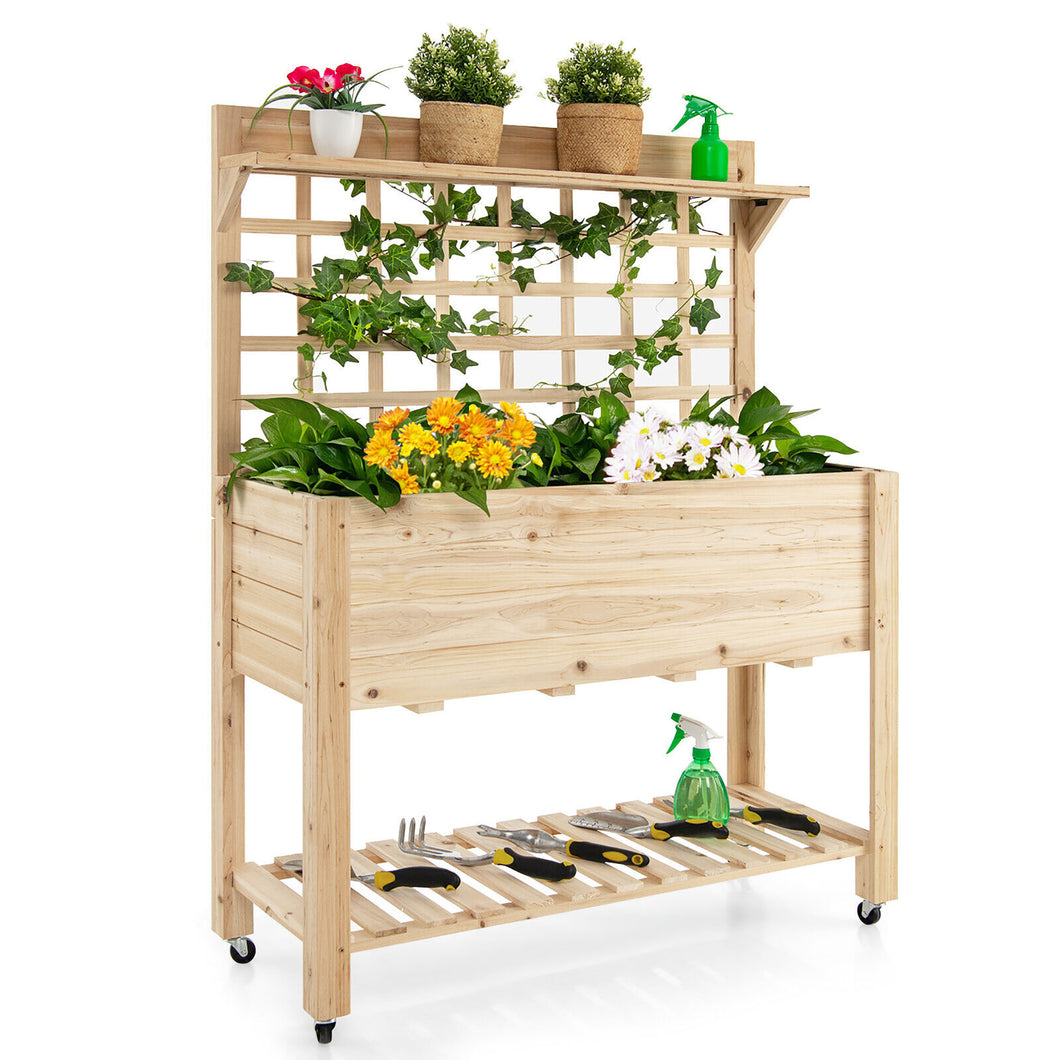 Gymax Raised Garden Bed Mobile Elevated Wooden Planter Box w/ Wheels Trellis Shelf