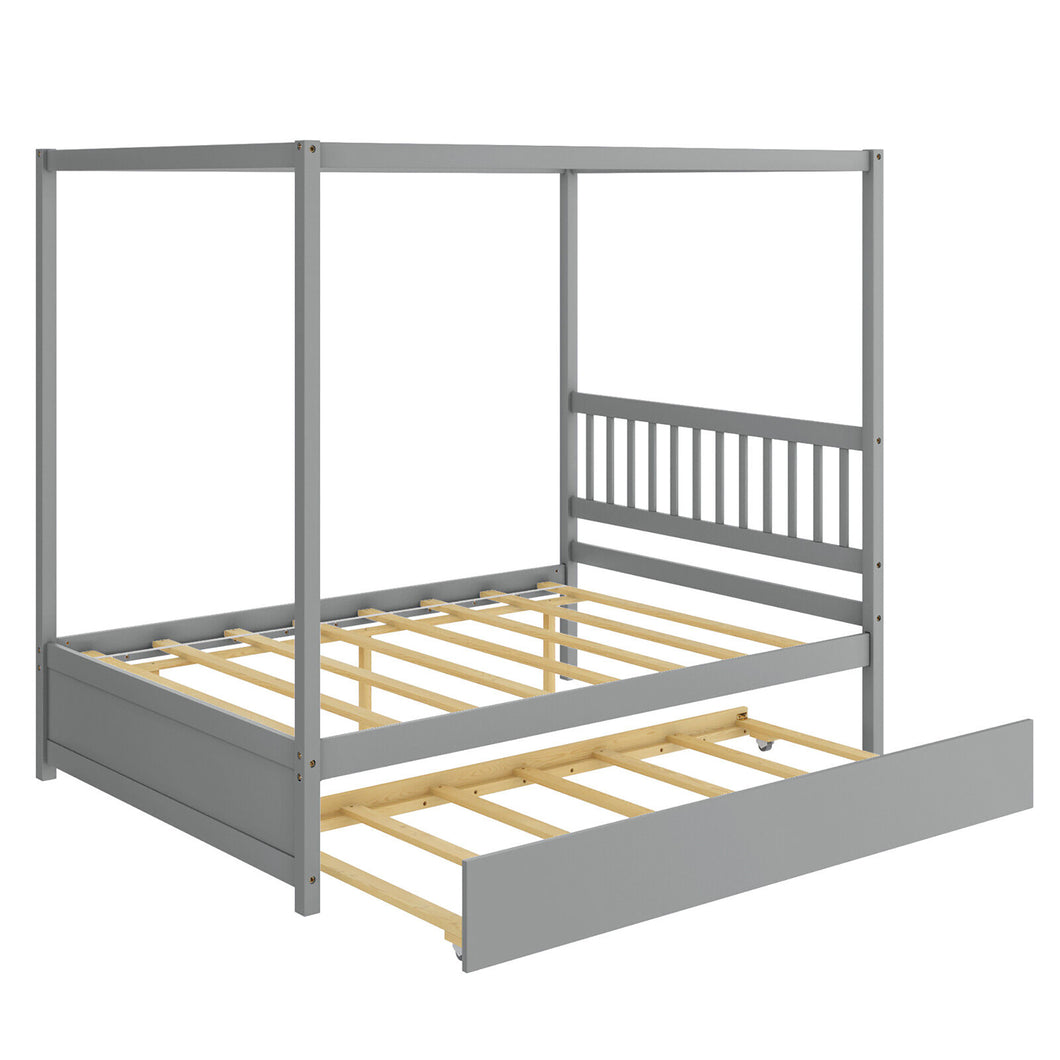 Gymax Full Size Canopy Bed with Trundle Wooden Platform Bed Frame Headboard