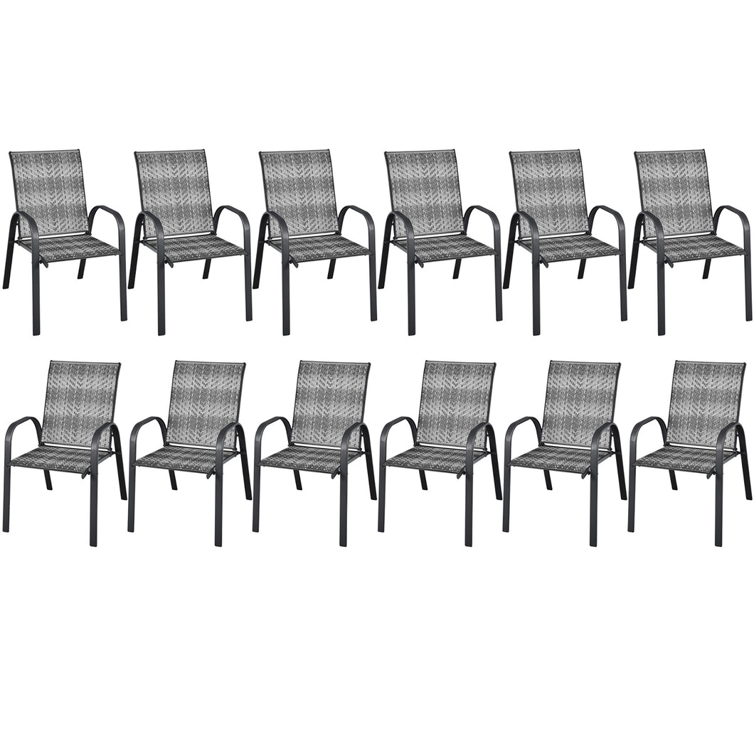 Gymax 12PCS Outdoor PE Wicker Stacking Dining Chairs Patio Arm Chairs Mix Grey