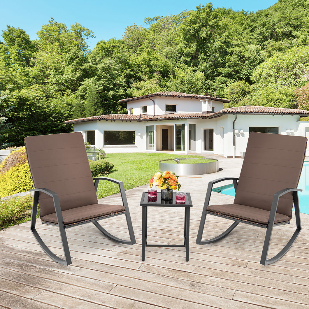 Gymax 3PCS Rattan Bistro Rocking Chair Set Patio Furniture Set w/ Cushions