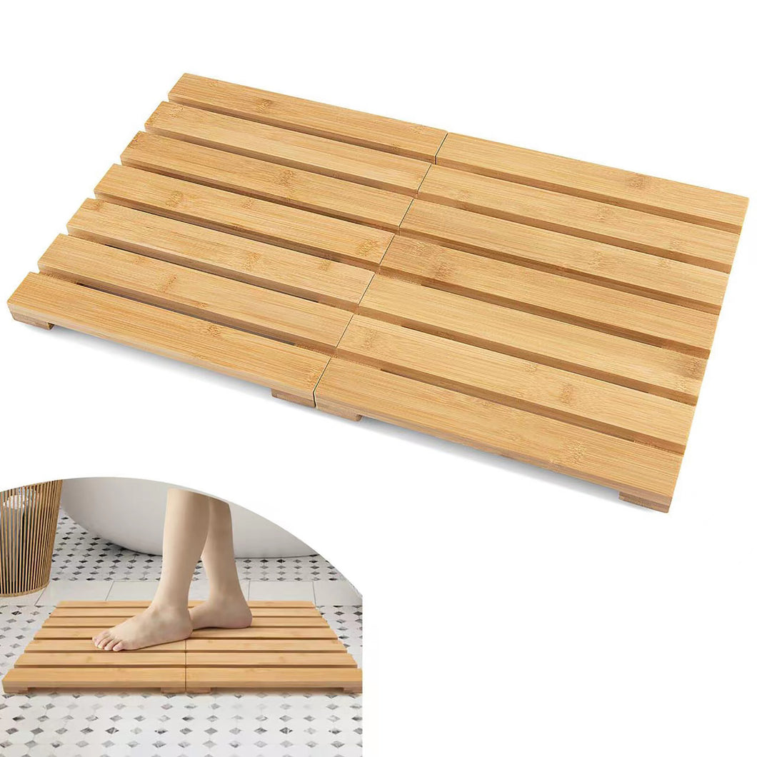 Gymax Bamboo Bath Mat Foldable Shower Mat w/ Non-slip Pads & Slatted Design