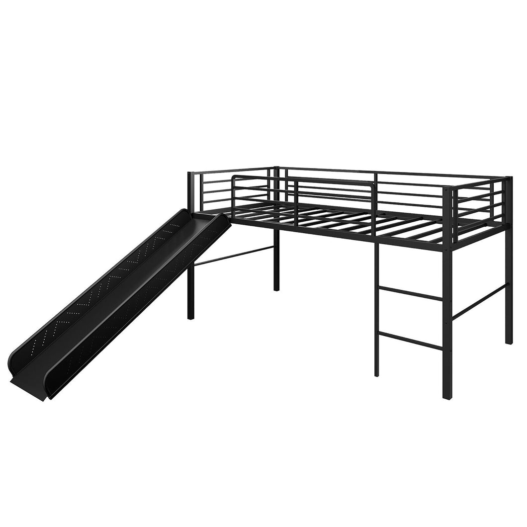 Gymax Twin Metal Loft Bed with Slide Guardrails Built-in Ladder Low Bed Frame