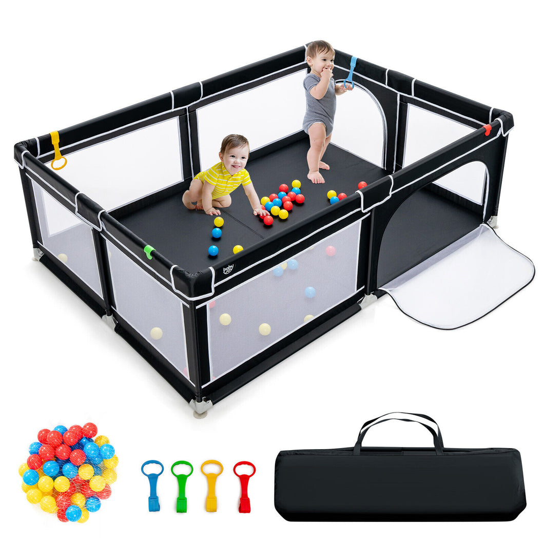 Gymax Baby Playpen Extra-Large Safety Baby Fence w/ Ocean Balls & Rings Black