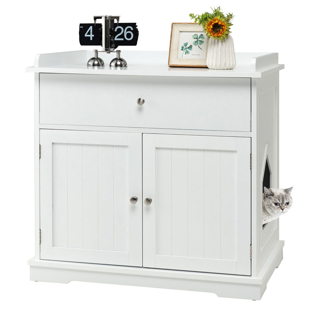 Gymax Wooden Cat Litter Box Enclosure w/ Drawer Side Table Furniture