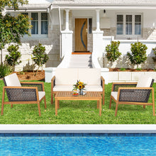 Load image into Gallery viewer, Gymax 8PCS Patio Acacia Wood Furniture Set PE Rattan Conversation Set w/ Off White Cushions
