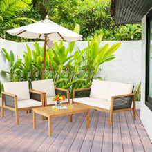 Load image into Gallery viewer, Gymax 8PCS Patio Acacia Wood Furniture Set PE Rattan Conversation Set w/ Off White Cushions
