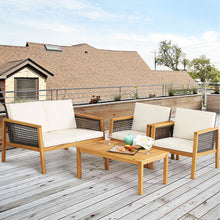 Load image into Gallery viewer, Gymax 8PCS Patio Acacia Wood Furniture Set PE Rattan Conversation Set w/ Off White Cushions
