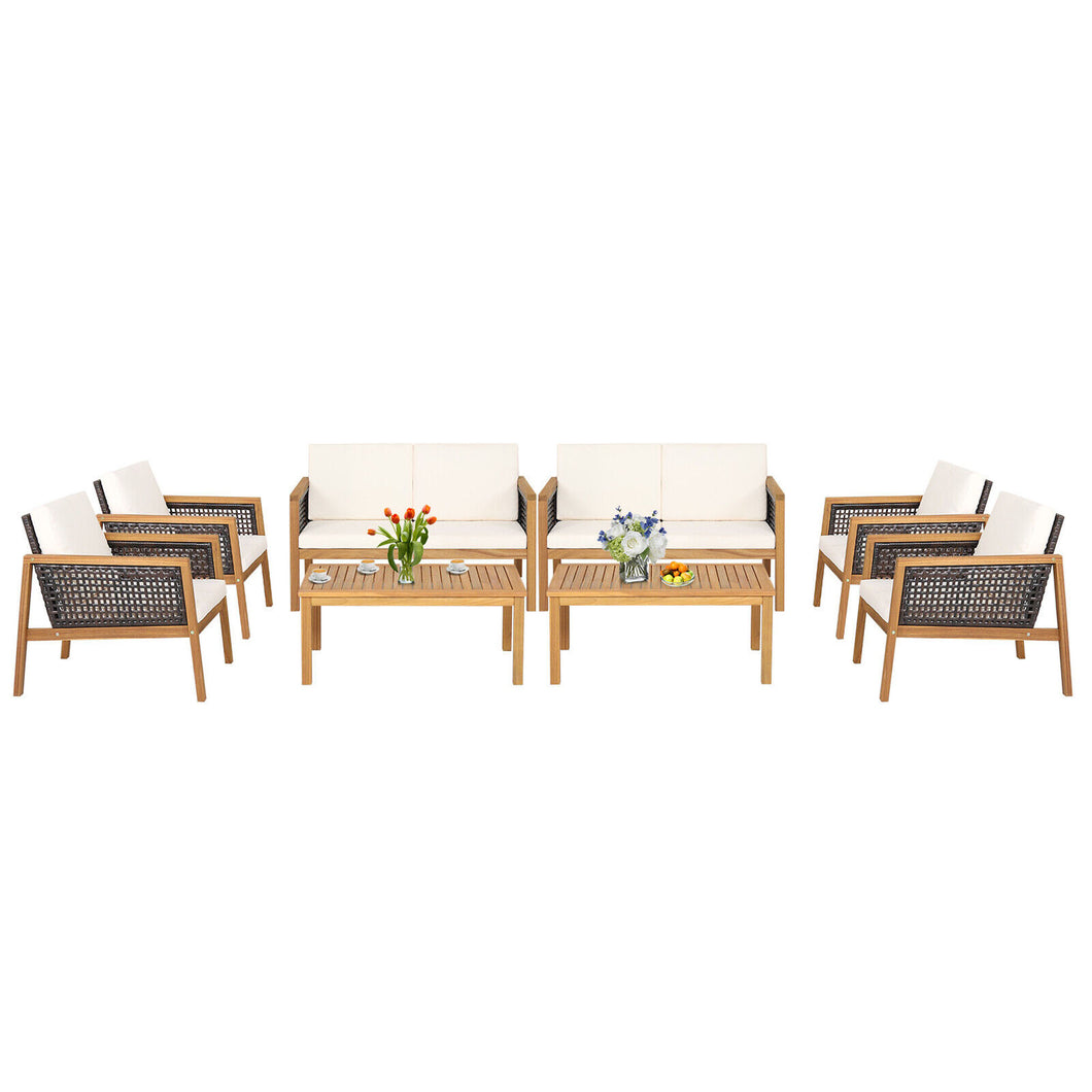 Gymax 8PCS Patio Acacia Wood Furniture Set PE Rattan Conversation Set w/ Off White Cushions