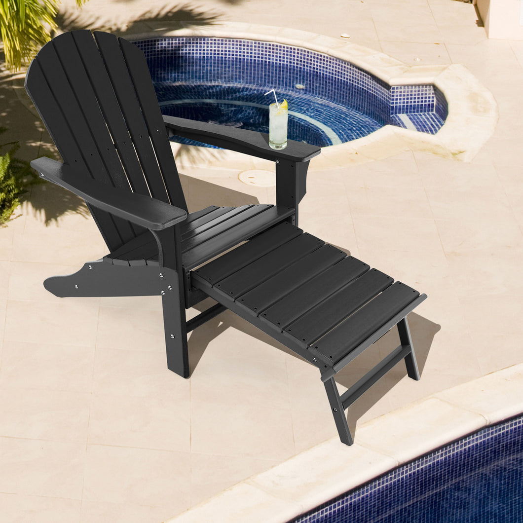 Gymax Patio Adirondack Chair HDPE Outdoor Lounge Chair w/ Retractable Ottoman Black