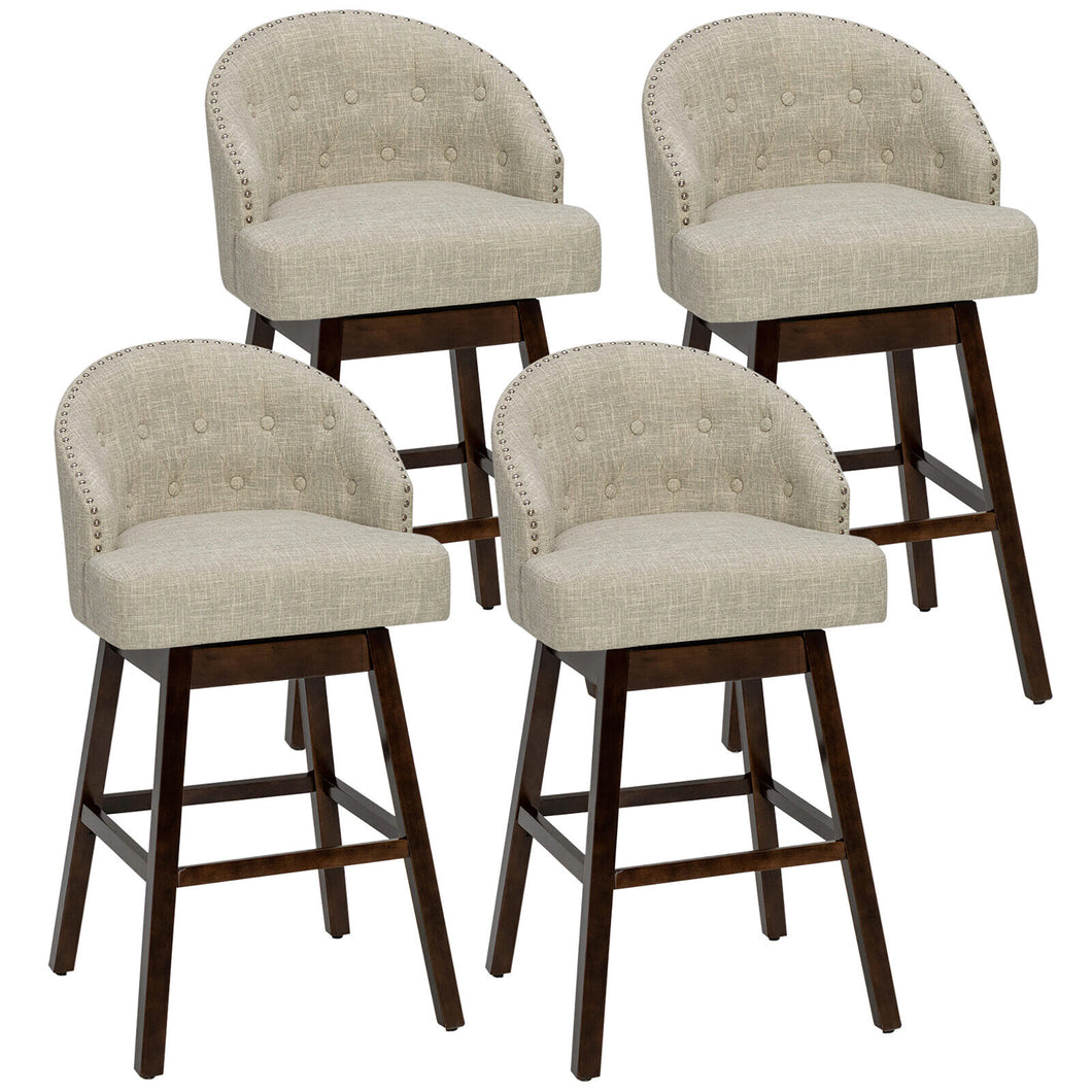 Gymax Set of 4 Swivel Bar Stools Tufted Bar Height Pub Chairs w/ Rubber Wood Legs